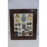 A framed display of 22 police and military badges. The Devon & Cornwall helmet badge is