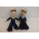 Two early 20th Century felt covered sailors,one with a hatband inscribed 'Pride of London'.