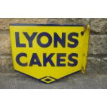 A small Lyons' Cakes shaped double sided enamel sign with hanging flange, both sides with good gloss