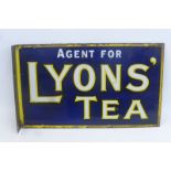 A small "Agent for Lyons' Tea" double sided enamel sign with hanging flange, 15 x 9", in good
