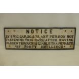 An original cast iron railway sign- "Notice by 8 Vic.Cap.20.S.75", 31 x 9 3/4".