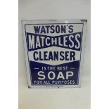A Watson's Matchless Cleanser enamel single sided chair back by Falkirk Iron Co., 12 x 14".