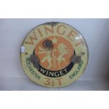 A Winger Rochester smoking cigarette circular enamel sign, 9 1/4" diameter.