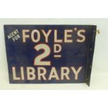 A Foyle's "D Library double sided enamel sign with hanging flange, 20 x 15".