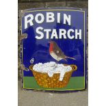 A Robin Starch pictorial enamel sign depicting a robin sat on a bucket of washing, of unusual