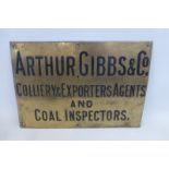 An Arthur Gibbs & Co. Colliery & Exporters Agents and Coal Inspectors rectangular brass plaque by E.