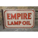 An Empire Lamp Oil double sided enamel sign with hanging flange, 24 x 15".