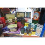 A collection of assorted early tins, many confectionary and food product related.