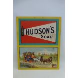 A rare Hudson's Soap part pictorial showcard depicting an early hot air balloon and a horse drawn