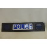 A Police illuminated 12v sign and two blue lights mounted on a board, 36 1/2 x 7 3/4".