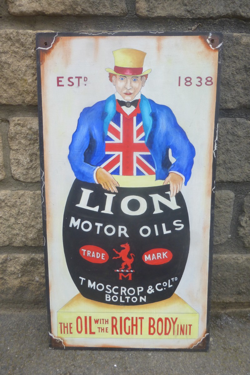 A decorative oil on board advertising Lion Motor Oil, 13 1/2 x 25".