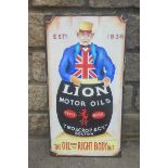 A decorative oil on board advertising Lion Motor Oil, 13 1/2 x 25".