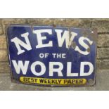 A News of the World "Best Weekly Paper" rectangular enamel sign by Hancock & Carfield, 36 x 24".