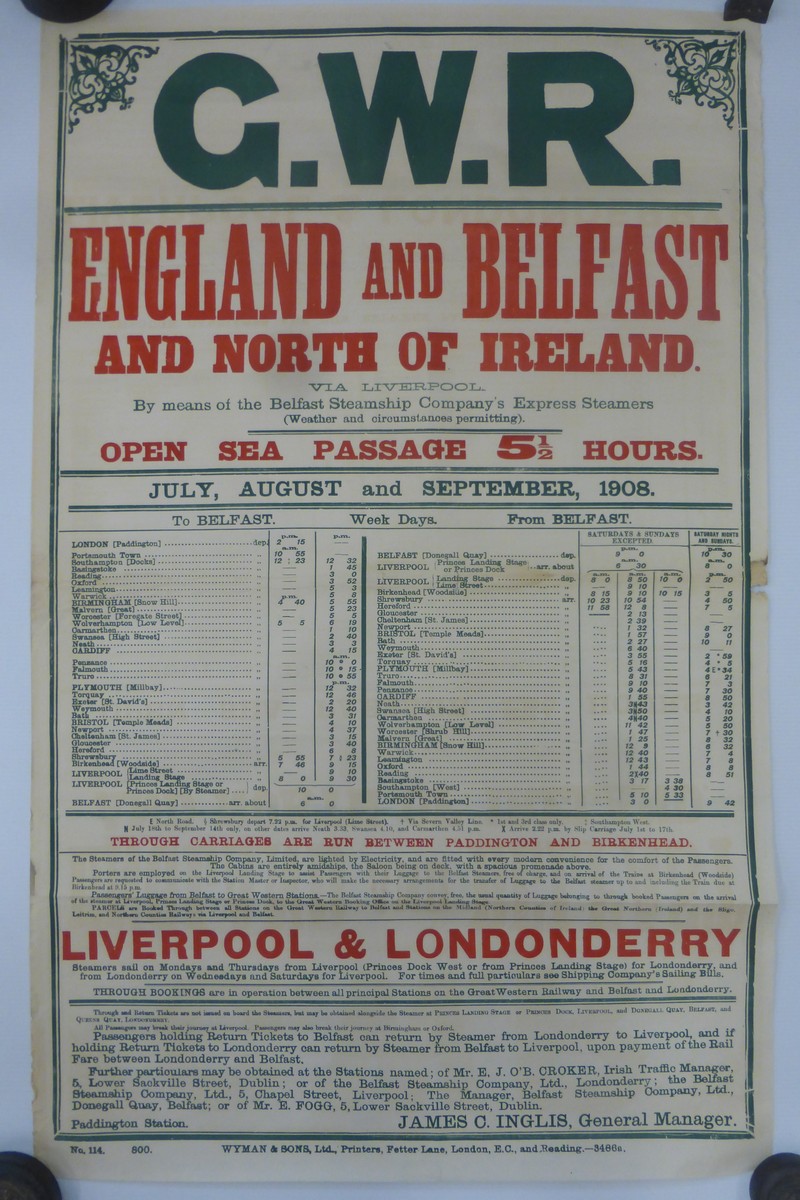 A G.W.R. England and Belfast and North of Ireland railway poster 'via Liverpool by means of the