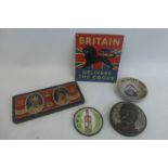 A CWS circular miniature mirror with advertising to one side, a Mazawattee circular tin and