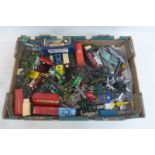 A box of assorted playworn die-cast models including a Spot-on Bentley Saloon and a Spot-on Aston
