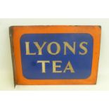 A Lyons Tea orange and blue double sided enamel sign with hanging flange, 15 x 11".