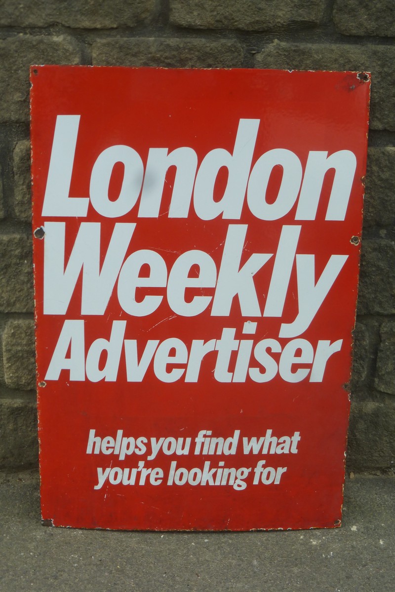 A London Weekly Advertisier rectangular enamel sign, 20 x 30".