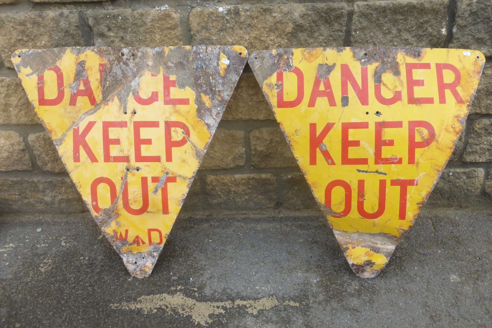 Two triangular "Danger Keep Out" military enamel signs, marked W.D., 23 x 24".