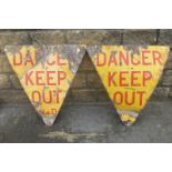 Two triangular "Danger Keep Out" military enamel signs, marked W.D., 23 x 24".