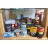 A shelf full of early tins and packaging including a Coronation tin in excellent condition, Brooke