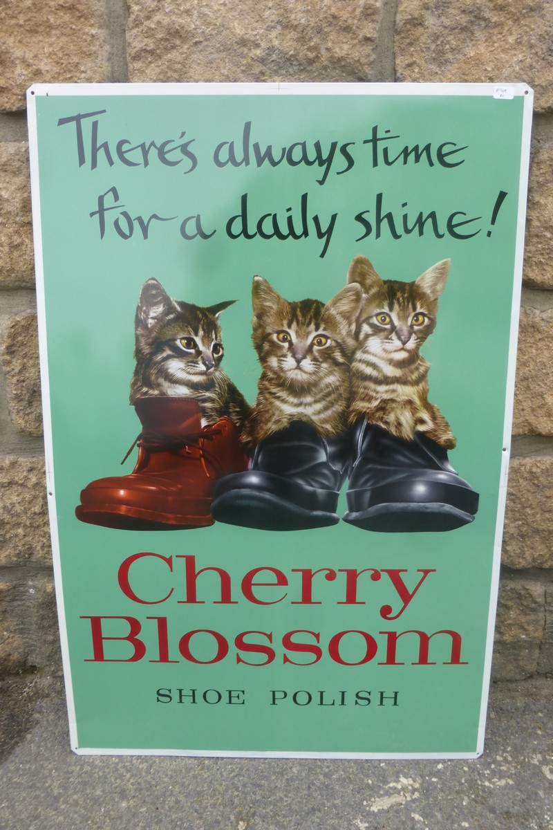 A Cherry Blossom Show Polish pictorial tin advertising sign depicting three kittens sat in boots, 17