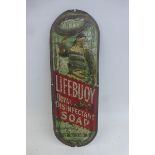 A Lifebuoy Royal Disinfectant Soap embossed and pictorial tin finger plate, 3 x 9 1/4".