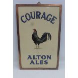 A good and rare Courage Alton Ales pictorial enamel sign, depicting a standing cockerel, set