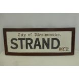 A City of Westminster "Strand" WC2 rectangular milk glass street sign in original frame, 39 1/4 x 15