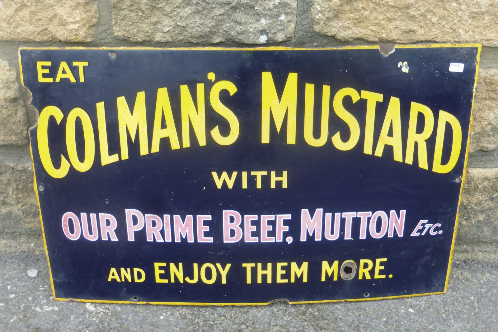 A Colman's Mustard "with our prime beef, mutton etc" rectangular enamel sign, 22 x 14".