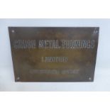 A Crush Metal Turnings Limited Registered Office rectangular brass plaque, 12 x 8".