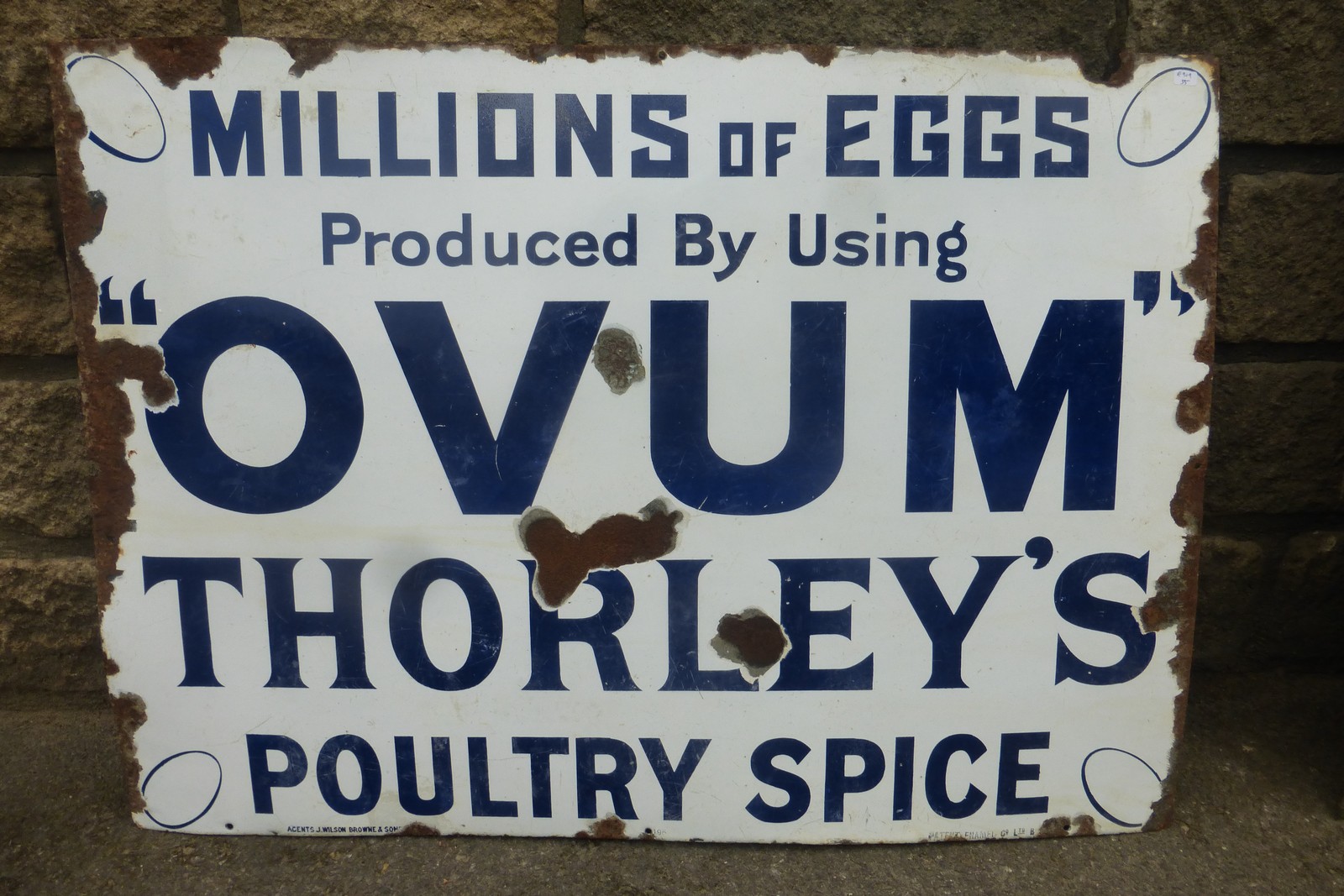 A Thorley's "Ovum" Poultry Spice rectangular enamel sign, by Patent Enamel, "Millions of Eggs", 32