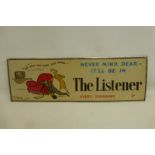 An unusual pictorial rectangular tin sign advertising "The Listener", signed by cartoonist David