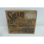 A Spear's Celebrated Bath Sausages cardboard box with an image of a steam locomotive to the lid.
