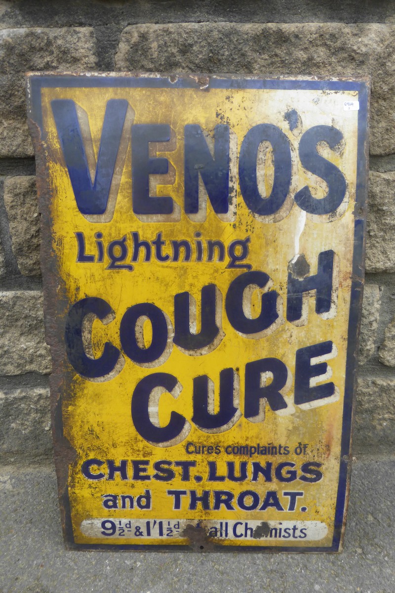 A Veno's Lightning Cough Cure rectangular enamel sign, 15 x 24".