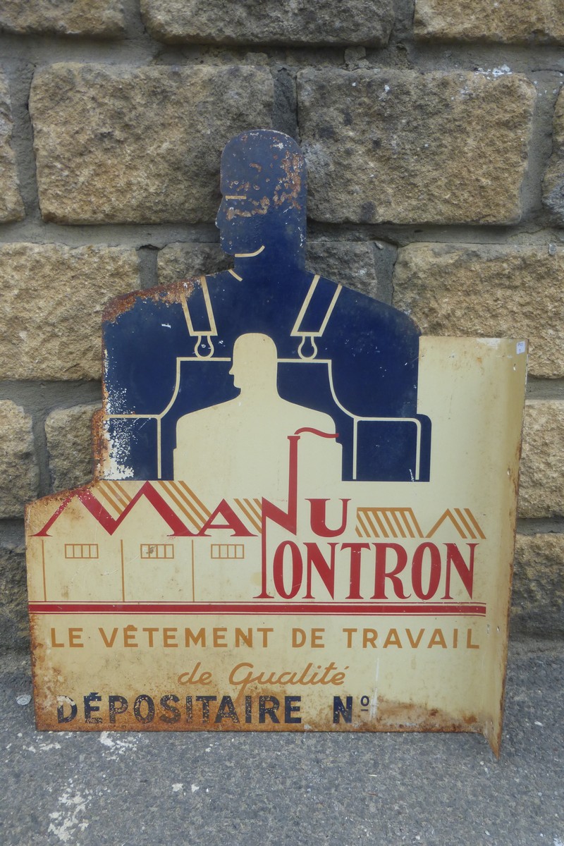 An unusual French "Manuontron" die-cut double sided tin advertising sign, with hanging flange, 18