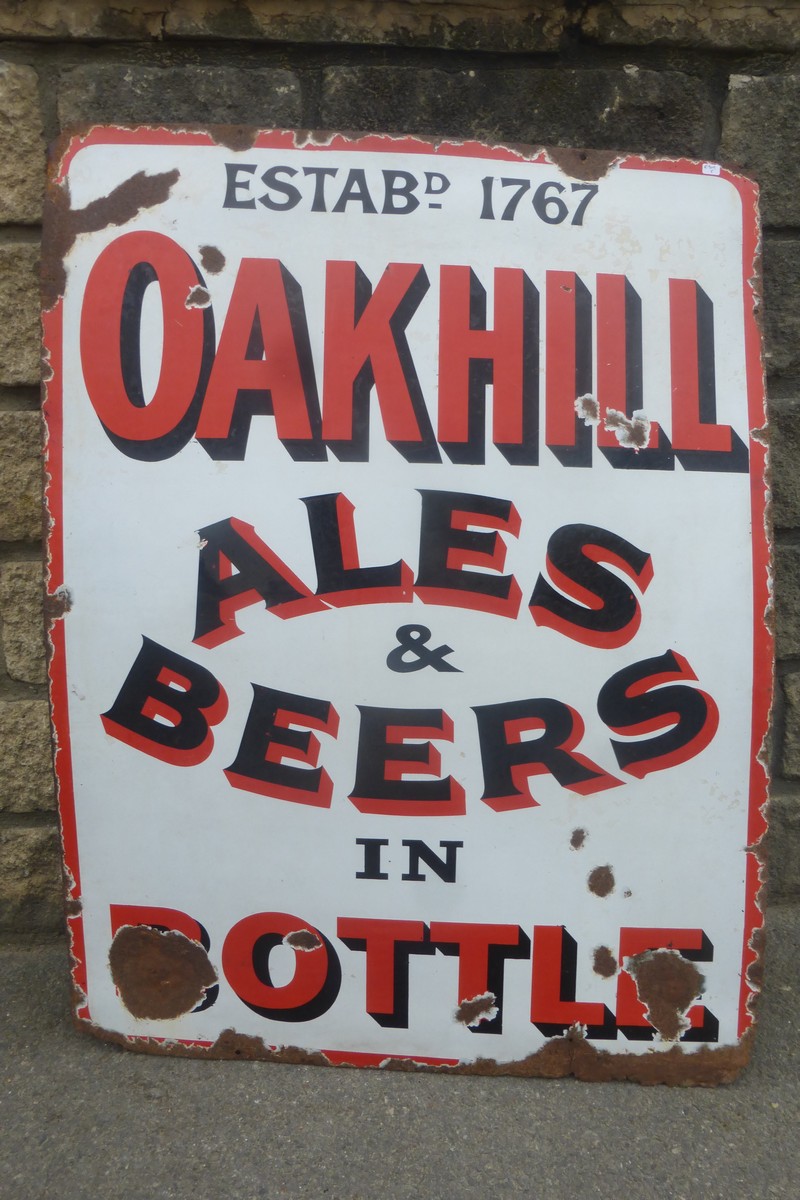 An "Oakhill Ales & Beers in Bottle" rectangular enamel sign, 27 1/4 x 36".