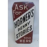 A "Horner's Penny Stories sold here" enamel finger plate with some professional restoration, 3 1/4 x