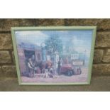 A framed and glazed puzzle depicting a vintage garage scene of petrol pump, MG T Series motorcar