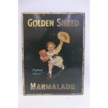 A Golden Shred Marmalade pictorial tin advertising sign depicting a child running with a large jar