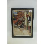 A framed and glazed cartoon, after Lawson Wood depiciting a motor car crashing into a pub, 6 3/4 x