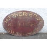 A very early Hepher Bros. Butchers Swavesey oval hardboard painted sign, 38 x 24".