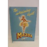 A Mazda light bulbs pictorial double sided tin advertising sign with hanging flange, titled "The