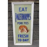 A rare "Eat Palethorpes Pork Pies Fresh To-Day" pictorial enamel sign, in wooden frame, 17 3/4 x