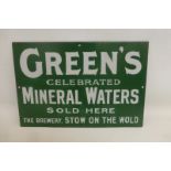 A small "Green's Celebrated Mineral Waters Sold Here" rectangular enamel sign, "The Brewery Stow