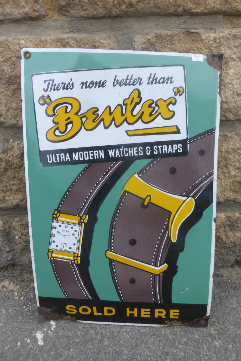 A Bentex "ultra modern watches and straps" pictorial enamel sign, 12 x 18".