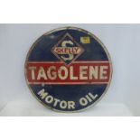 A Tagolene Motor Oil by Skelly circular double sided advertsing sign, 30" diameter.