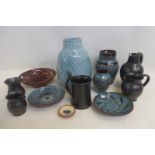 A selection of Lamorna brightly glazed pottery and various Prinknash pottery.