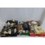 Three boxes of assorted ceramics and collectables including a tall Royal Doulton vase, piquotware