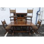 A contemporary oak court cupboard with matching refectory table and six dining chairs.